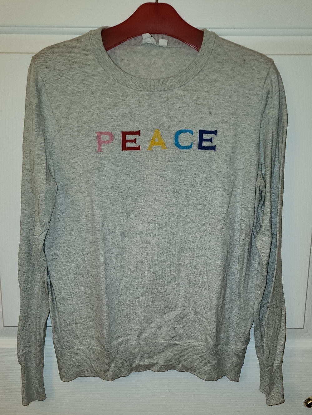 GAP Light Gray Crewneck Sweatshirt with Multicolor "PEACE" Embroidery